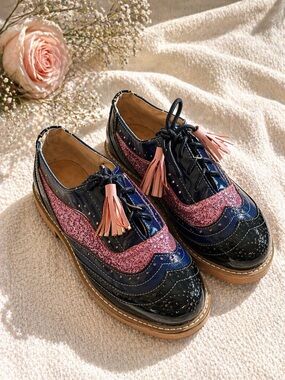 Glitter Wingtip Oxford Platform Shoes Blue Pink Tassel Lace Up Brogue Chunky